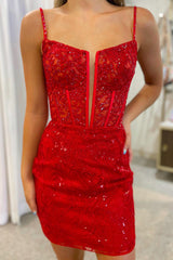Red Homecoming Dresses Sequin Corset Tight Short Lace Prom Dress