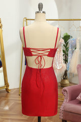 Red Homecoming Dresses Sequin Lace-Up Tight Short Cocktail Dresses