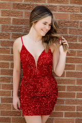 Red Homecoming Dresses Sequin Sleeveless Tight Short Cocktail Dresses