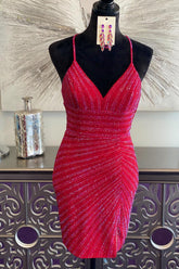 Red Homecoming Dresses Sequined Criss-Cross Back Tight Short Cocktail Dresses