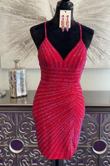 Red Homecoming Dresses Sequined Criss-Cross Back Tight Short Cocktail Dresses