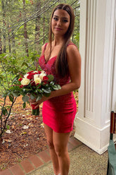 Red Homecoming Dresses Spaghetti Straps Beaded Tight Short Cocktail Dresses