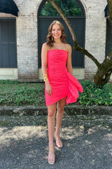 Red Homecoming Dresses Strapless Ruched Tight Short Cocktail Dresses with Ruffles
