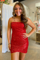 Red Homecoming Dresses Strapless Tight Short Cocktail Dresses with Sequin