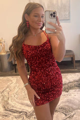 Red Homecoming Dresses Tight Sequin Backless Prom Dress