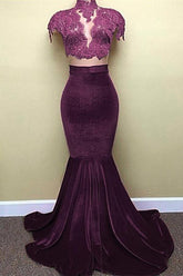 Red Lace Mermaid Popular High-Neck Velvet Cap-Sleeves Prom Dress BA5155
