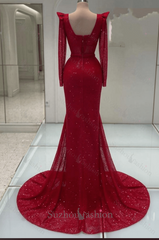 Red Long Sleeve Formal Dress Sequined Sheath/Column Prom Evening Dress