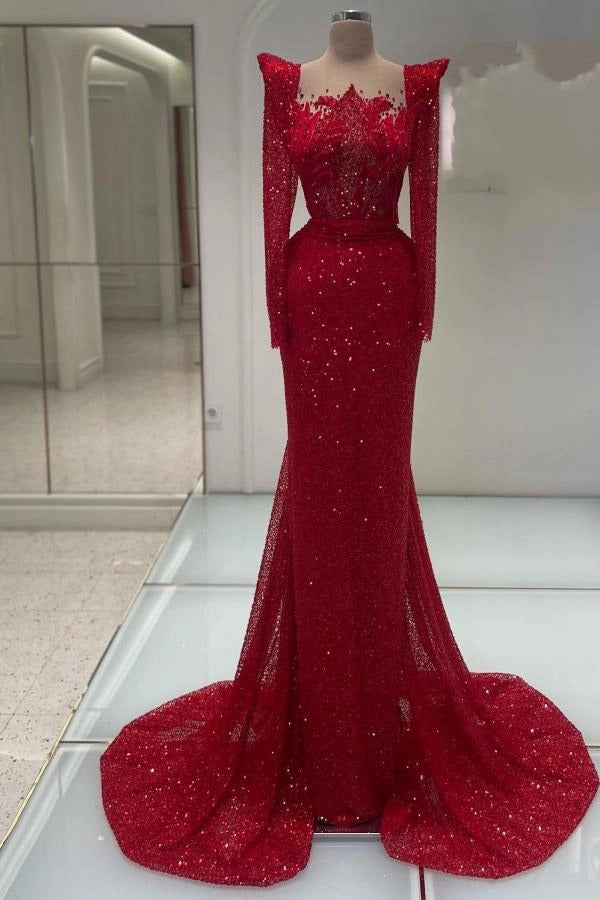 Red Long Sleeve Formal Dress Sequined Sheath/Column Prom Evening Dress