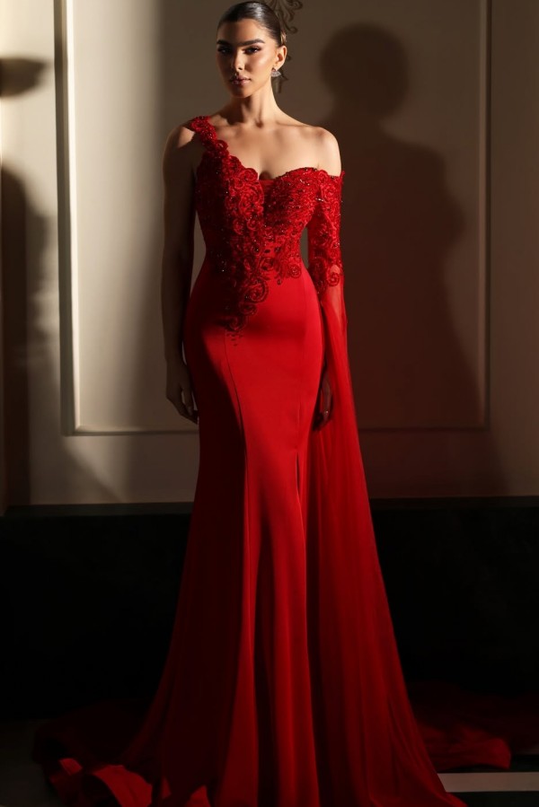 Red Mermaid Prom Dress with Lace Bodice and Chiffon Cape Sleeve