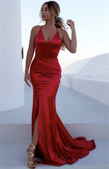 Red Mermaid Ruffles Prom Dresses | Open Back Spaghetti Straps Simple Evening Dresses