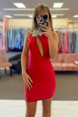 Red One Shoulder Tight Homecoming Dresses Short Cocktail Dresses With Rhinestone