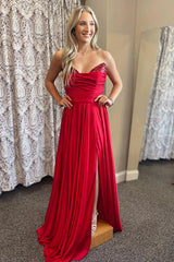 Red Prom Dress A Line Satin Sweetheart Formal Dress With Slit