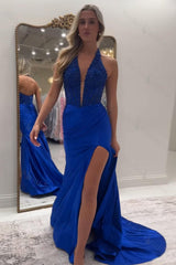 Red Prom Dress Halter Lace Corset Formal Dress With Slit
