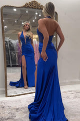 Red Prom Dress Halter Lace Corset Formal Dress With Slit