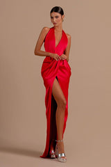 Red Prom Dress Halter Sleeveless Backless Long Evening Formal Dress With Front Split