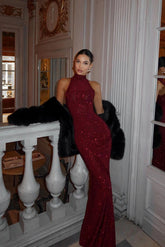 Red Prom Dress High Neck Sleeveless Mermaid Long Evening Formal Dress With Sequined