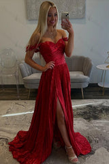 Red Prom Dress Pleated A Line Formal Dress With Slit