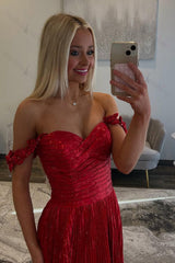 Red Prom Dress Pleated A Line Formal Dress With Slit