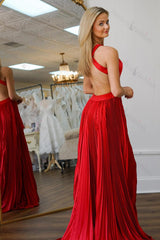 Red Prom Dress Pleated A Line Halter Long Formal Dress With Slit