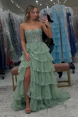 Red Prom Dress Ruffled Corset A Line Long Formal Dress With Lace