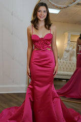 Red Prom Dress Satin Mermaid Long Formal Dress With Ruffles