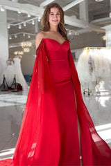 Red Prom Dress Sheath Long Off The Shoulder Formal Dress With Cape Sleeves