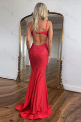 Red Prom Dress Spaghetti Straps Mermaid Satin Formal Dress With Hollow Out