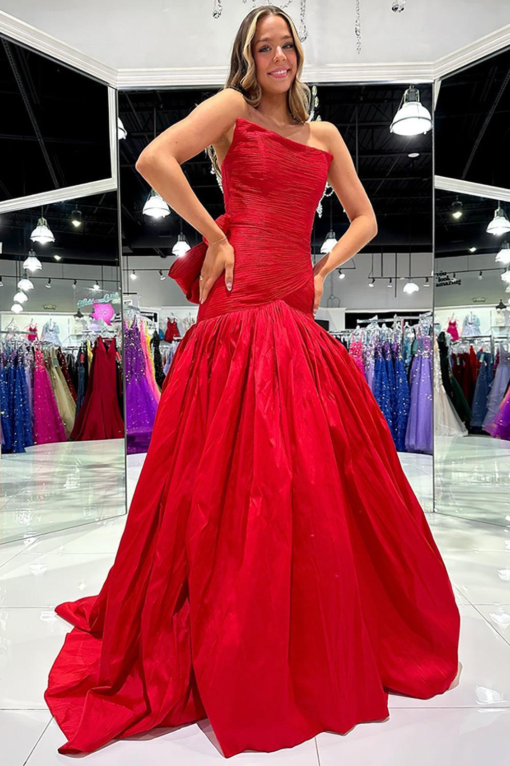Red Prom Dress Strapless A Line Long Pageant Dress With Bow