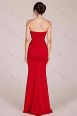 Red Prom Dress Strapless Ruched Sheath Long Formal Dress With Slit