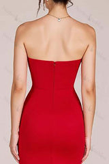 Red Prom Dress Strapless Ruched Sheath Long Formal Dress With Slit