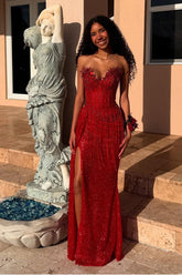 Red Prom Dress Strapless Sleeveless Long Mermaid Evening Formal Dress With Sequined Split