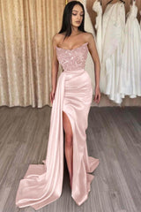 Red Prom Dress Strapless Sleeveless Long Sequined Evening Formal Dress Mermaid Side Split