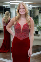 Red Prom Dress V-Neck Beaded Mermaid Velvet Mermaid Formal Dress