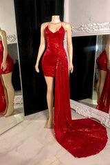 Red Spaghetti Straps Homecoming Dress Sleeveless Cocktail Dress With Train