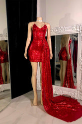 Red Spaghetti Straps Homecoming Dress Sleeveless Cocktail Dress With Train