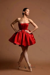 Red Strapless Homecoming Dress A Line Satin Short Cocktail Dresses with Bowknot