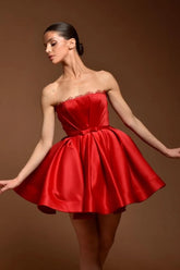 Red Strapless Homecoming Dress A Line Satin Short Cocktail Dresses with Bowknot