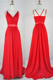 Red Tailored V Neck  Bridesmaid Dresses Chiffon Sweep Train Somple Cute Long Prom Gowns