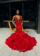 Red V-Neck Strapless Mermaid Beadings Prom Dress with Ruffles