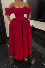 Red Velvet A Line Prom Dress with Crystal Sweetheart and Off Shoulder Sleeves