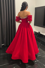 Red Velvet A Line Prom Dress with Crystal Sweetheart and Off Shoulder Sleeves