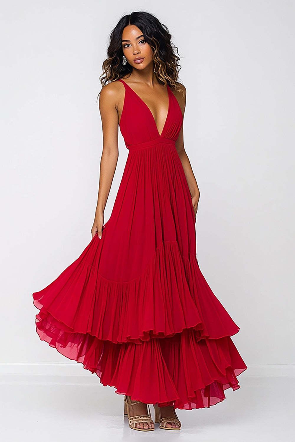Suzhoufashion Red Wedding Guest Dress Deep V-Neck Pleated Ruffled Long Chiffon Formal Dress