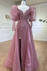 Retro Dusk Bead Embroidery Prom Dress Long Bubble Sleeves Split Long Evening Formal Dress