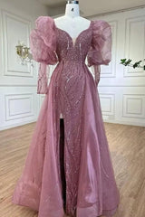 Retro Dusk Bead Embroidery Prom Dress Long Bubble Sleeves Split Long Evening Formal Dress