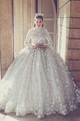Retro High Neck Lace Wedding Dresses with Beads | Luxury Long Sleeve Ball Gown Bridal Gowns with Appliques