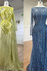 Retro Long Sleeve Blue Prom Dress Beaded Mermaid Bateau Neck Evening Formal Dress