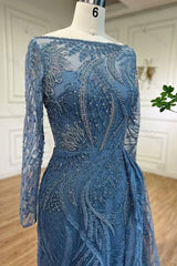 Retro Long Sleeve Blue Prom Dress Beaded Mermaid Bateau Neck Evening Formal Dress