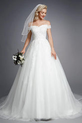 Romantic Ball Gown Wedding Dress Off Shoulder Lace Tulle Short Sleeve Sparkle & Shine Bridal Gowns with Court Train
