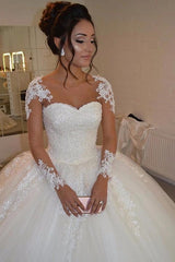 Romantic Ball Gown Wedding Dress Sweetheart Lace Tulle Long Sleeves Bridal Gowns Illusion Detail On Sale