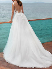Romantic Beach A-Line Wedding Dress Jewel Lace Tulle Straps Sexy Backless Bridal Gowns Sweep Train